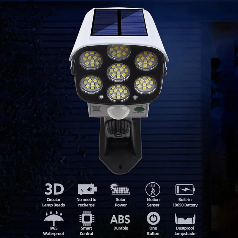 Luces solares para exteriores con sensor de movimiento, control remoto, reflectores, señuelo inalámbrico, cámara de seguridad falsa para jardín