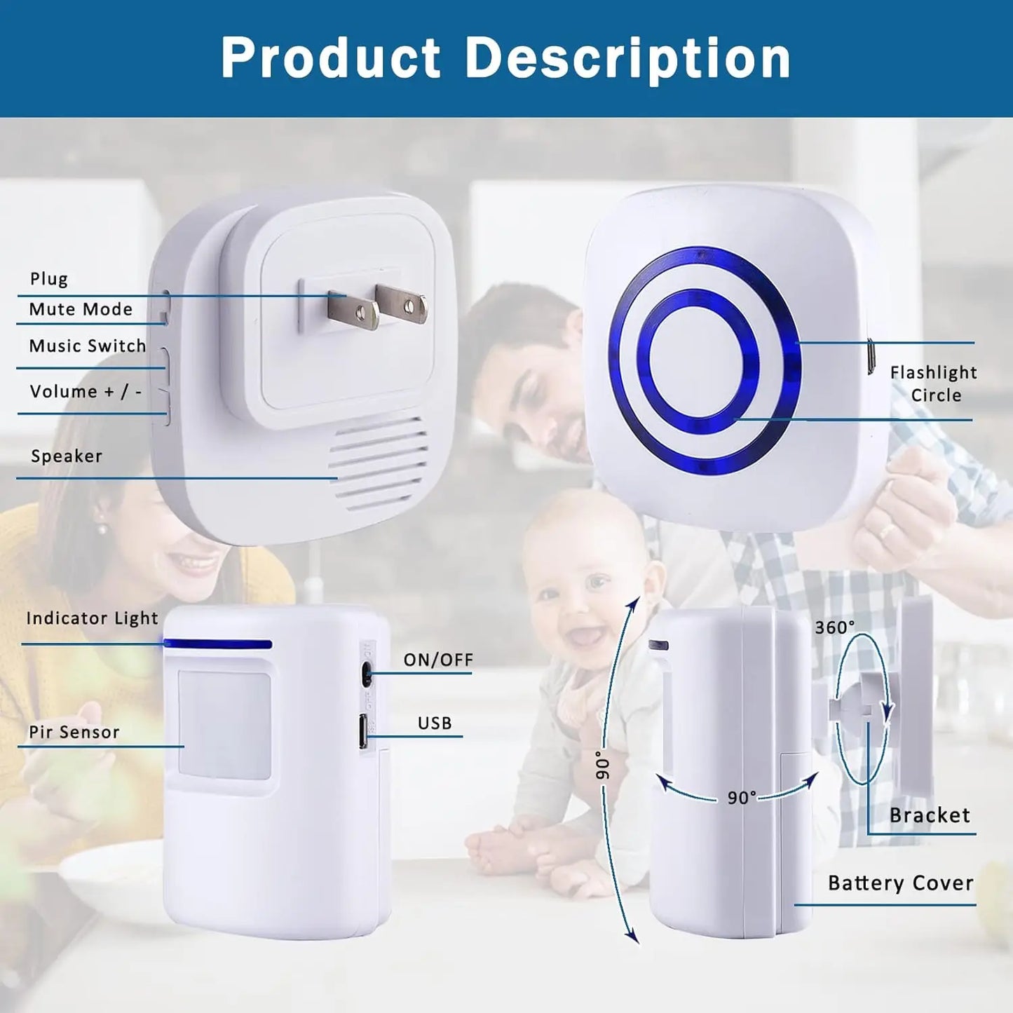 Alarma con sensor de movimiento, 38 melodías, alarma inalámbrica para entrada, seguridad para el hogar, negocios, detección de alertas con indicadores LED para interiores.