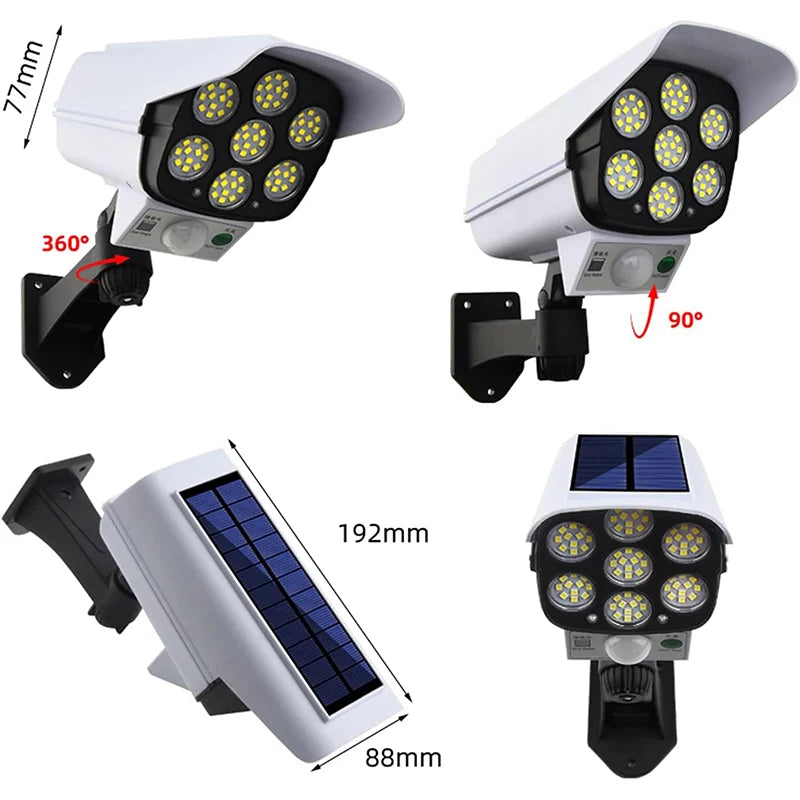 Luces solares para exteriores con sensor de movimiento, control remoto, reflectores, señuelo inalámbrico, cámara de seguridad falsa para jardín
