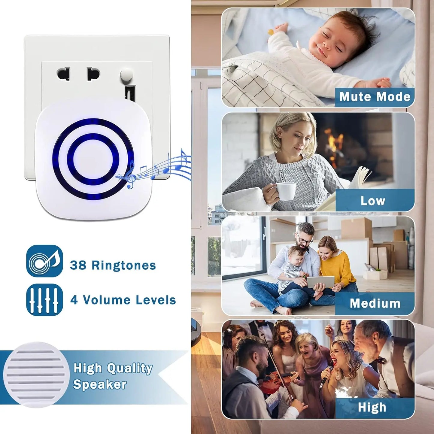 Alarma con sensor de movimiento, 38 melodías, alarma inalámbrica para entrada, seguridad para el hogar, negocios, detección de alertas con indicadores LED para interiores.
