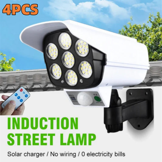 Luces solares para exteriores con sensor de movimiento, control remoto, reflectores, señuelo inalámbrico, cámara de seguridad falsa para jardín