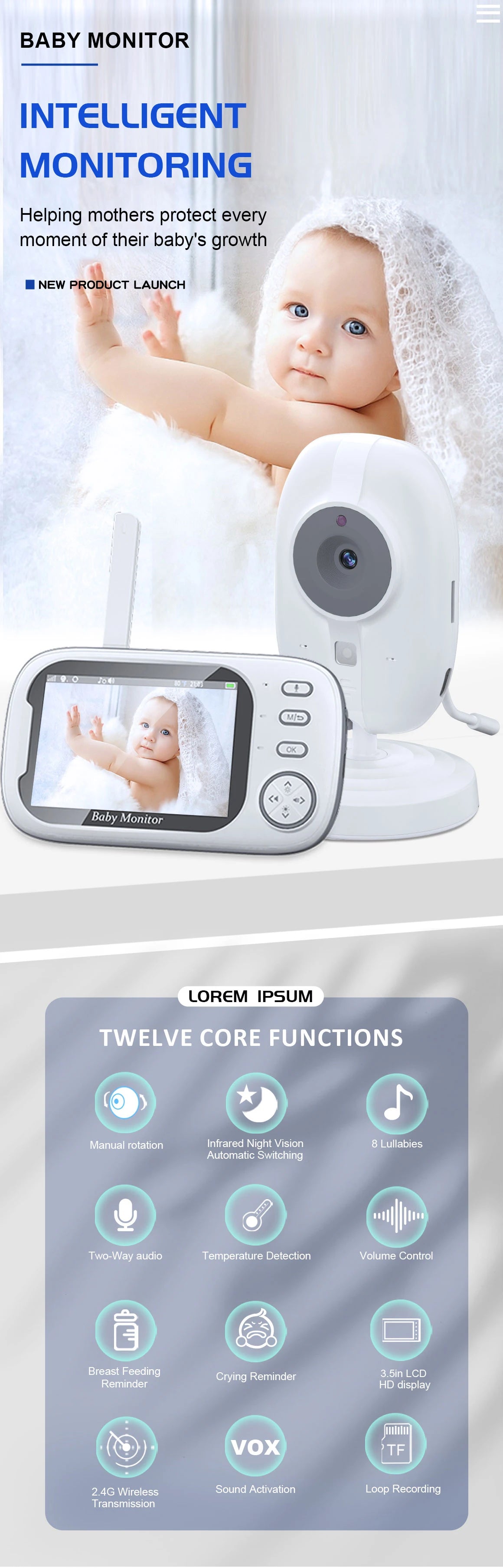 Monitor de Bebé 3,5 pulgadas Inalámbrico con Vídeo, Visión Nocturna, Control de Temperatura, Sin WiFi, Audio Bidireccional, Cámara de Seguridad Niñera