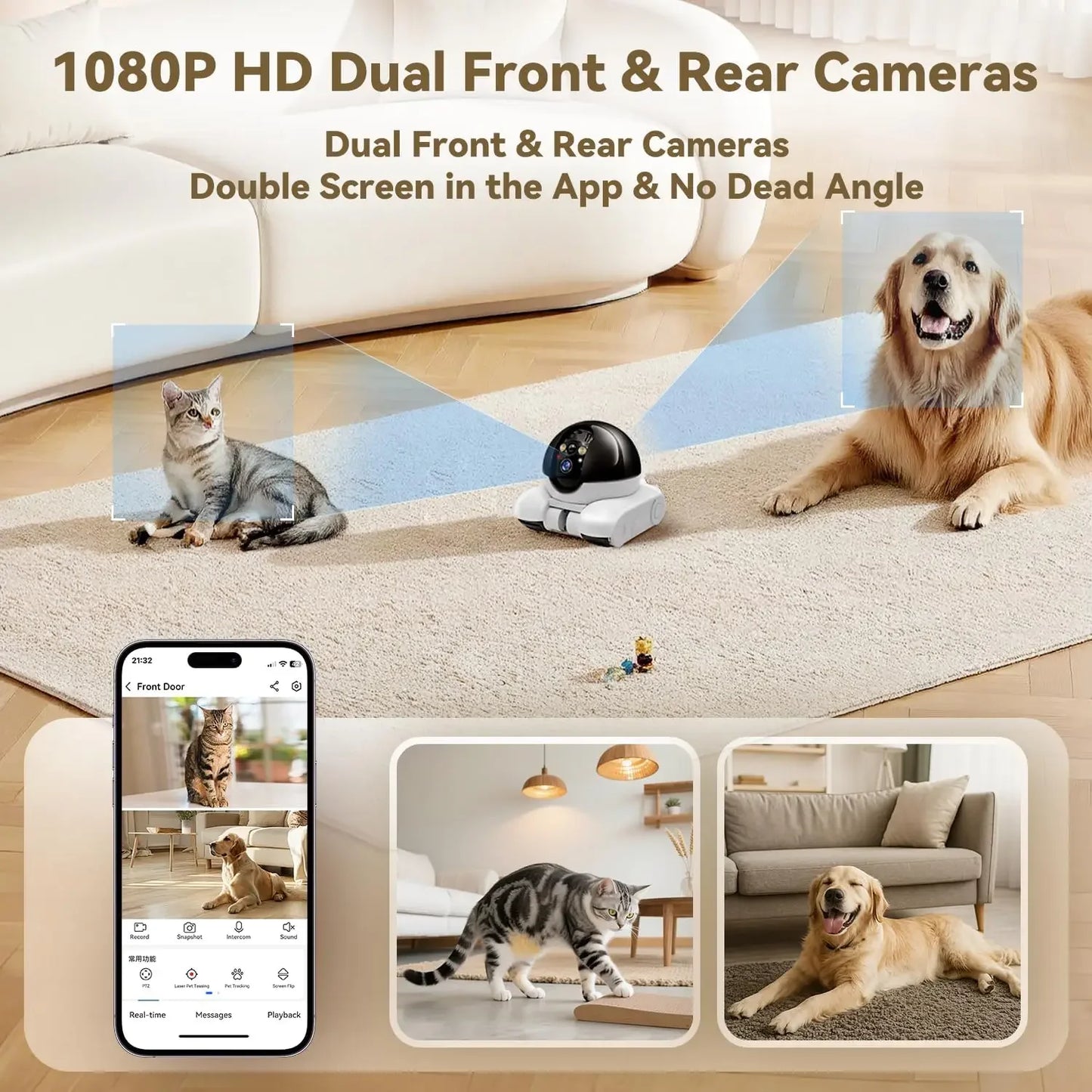 Cámara de vigilancia para mascotas | Cámara robot de 360°, cámara para bebés y mascotas, diálogo bidireccional, detección de movimiento, para perros, gatos, bebés y ancianos