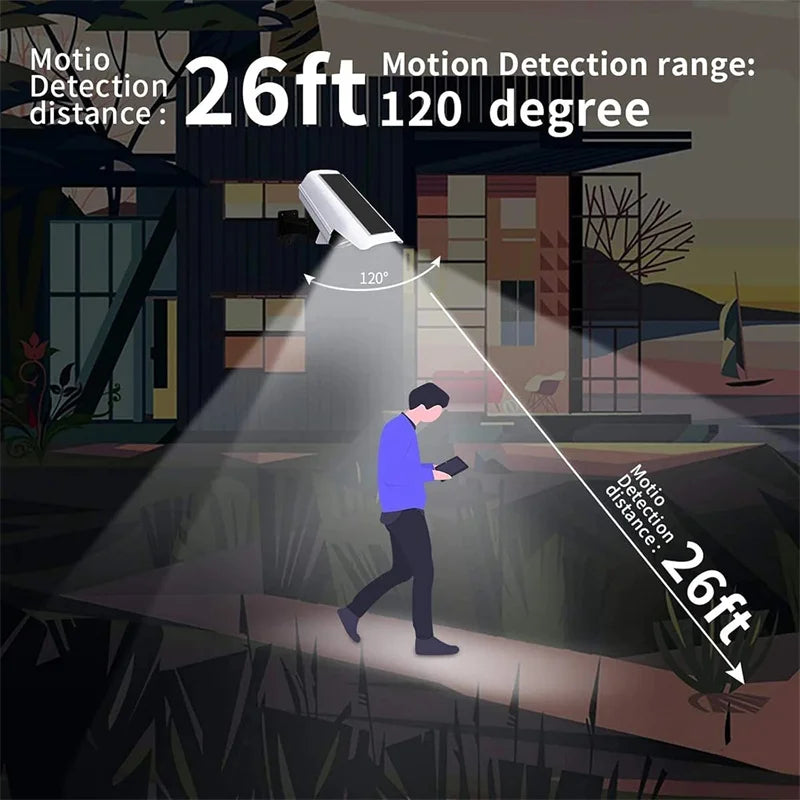 Luces solares para exteriores con sensor de movimiento, control remoto, reflectores, señuelo inalámbrico, cámara de seguridad falsa para jardín