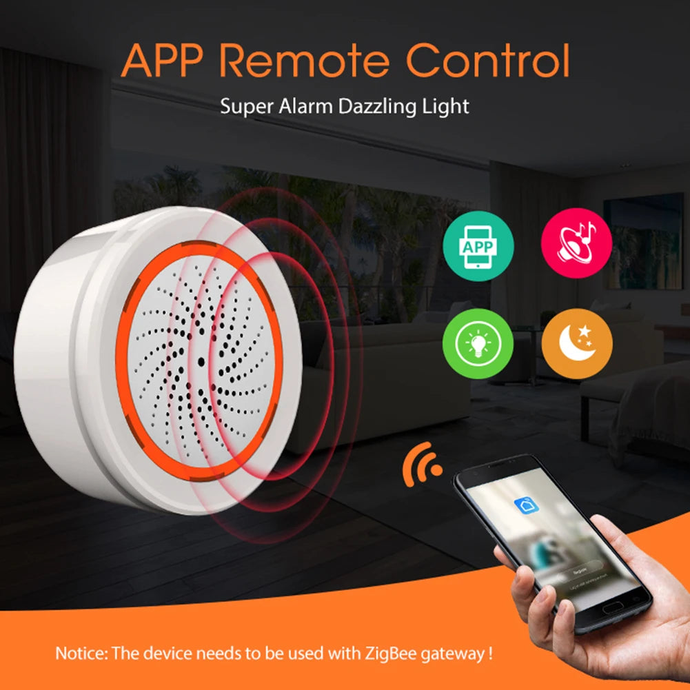 Alarma de sirena inteligente Tuya Zigbee con sensor de luz y sonido, sirena de alarma inteligente de 90 dB, control remoto por aplicación, sistema de protección de seguridad para el hogar