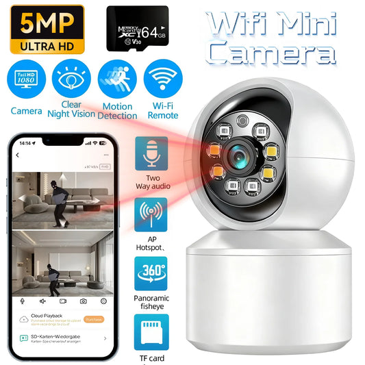 Cámara de vigilancia WiFi de 360°, videovigilancia inteligente de 5 MP, minimonitor de visión nocturna, protección para interiores, memoria de 64 GB, cámara IP inalámbrica